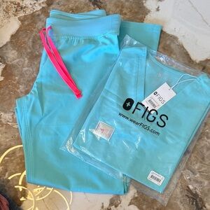 Figs Women's Aqua Boot Cut Pants with Pink Drawstring